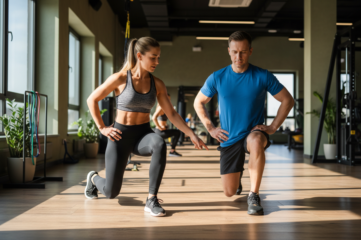 personal trainer teaching someon how to do lunges